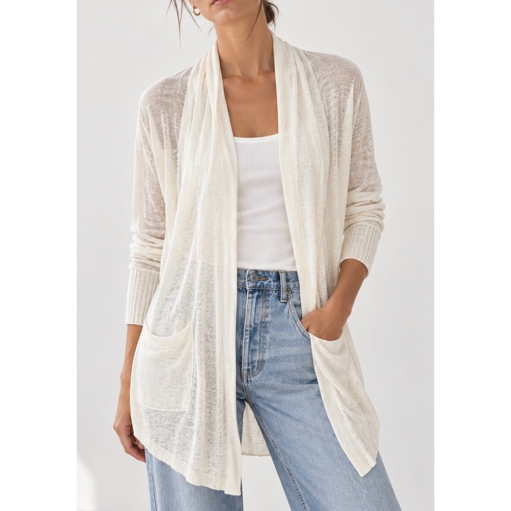 J.Crew XS Ivory Linen Blend Long Open Cardigan Coastal Lightweight